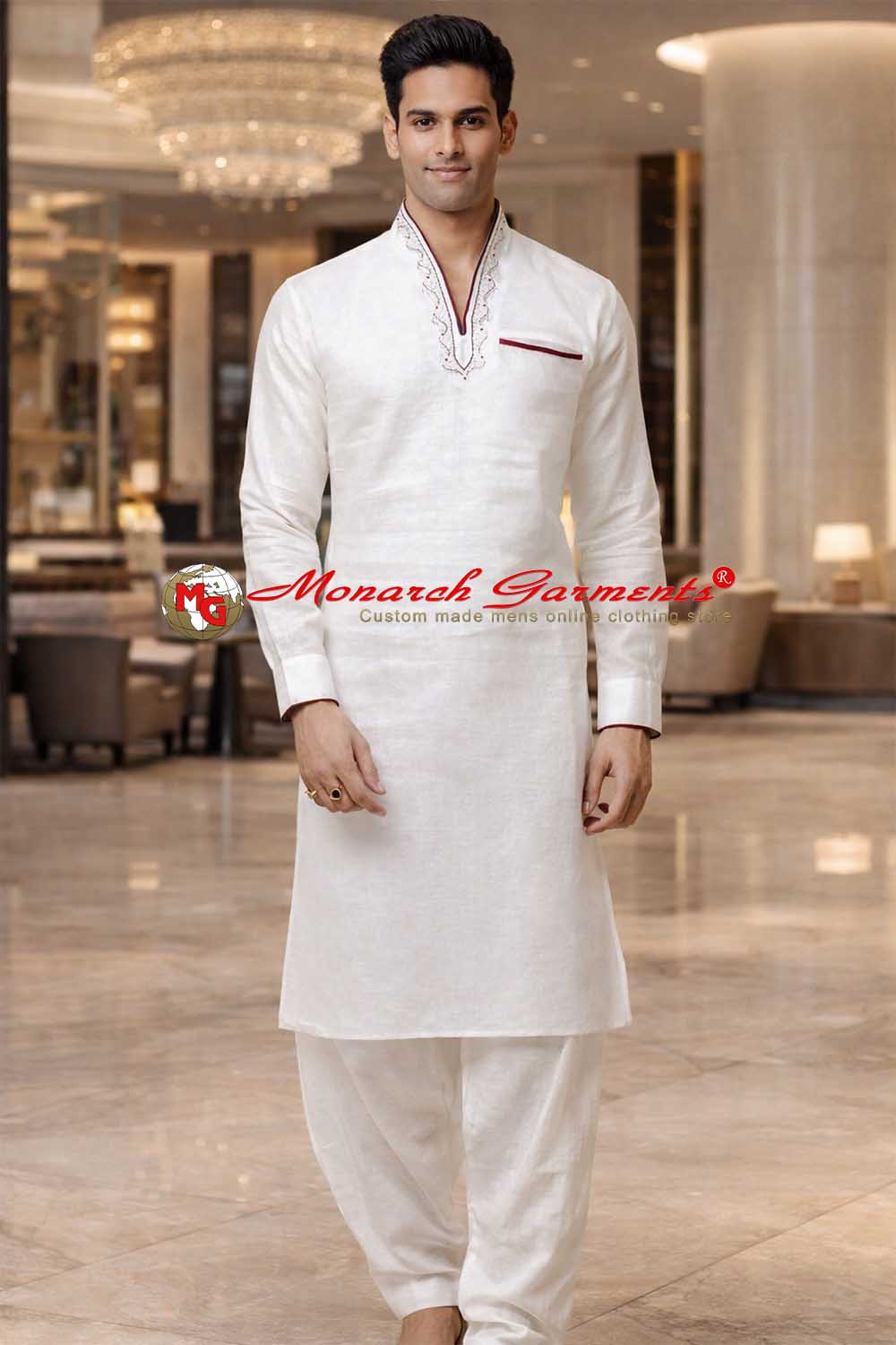 White linen kurta pajama with maroon piping and silver embroidery for men wedding wear India