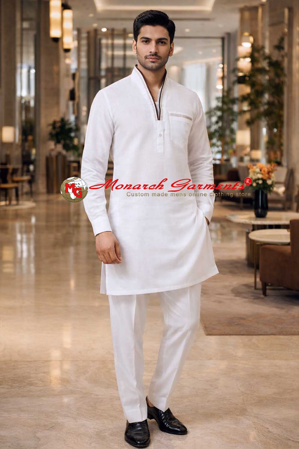 White linen kurta pajama for men with maroon velvet piping relaxed fit ethnic wear India