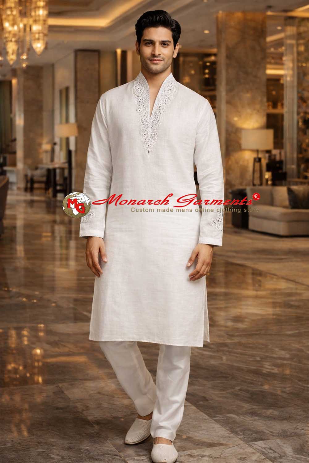 White linen kurta pajama for men embroidered V neck festive wear India