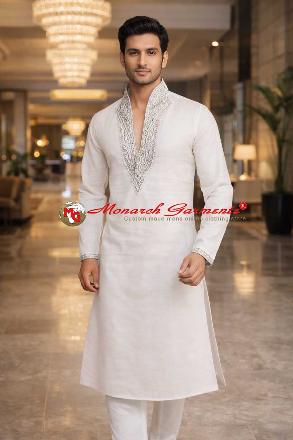 White linen kurta pajama for men silver embroidered V neck festive wear India
