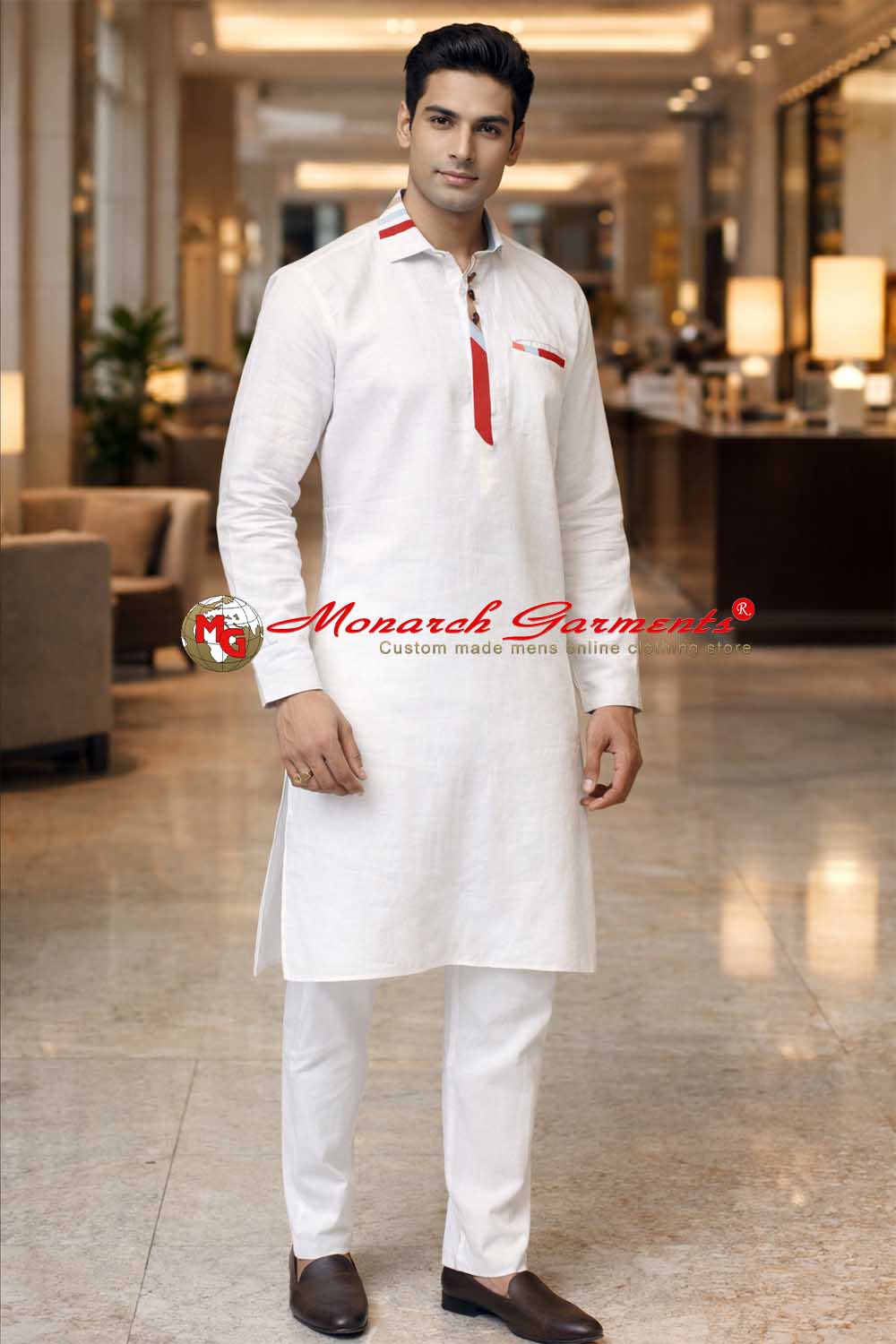 White linen kurta pajama for men with multi color collar relaxed fit ethnic wear India