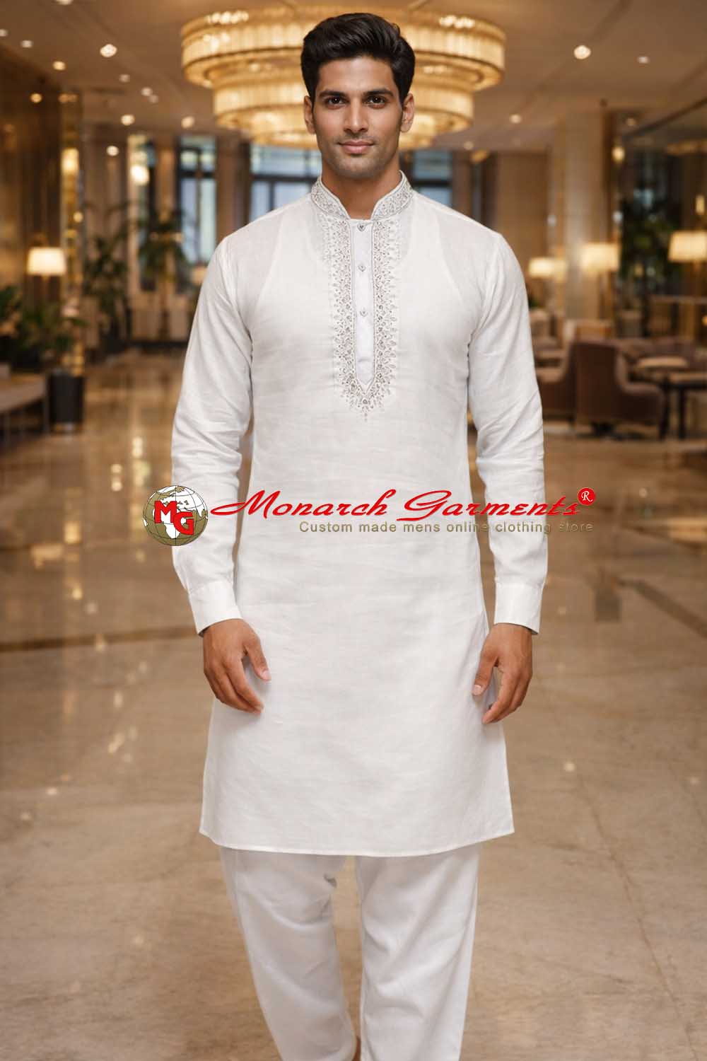 White linen kurta pajama for men Nehru collar embroidered festive wear India