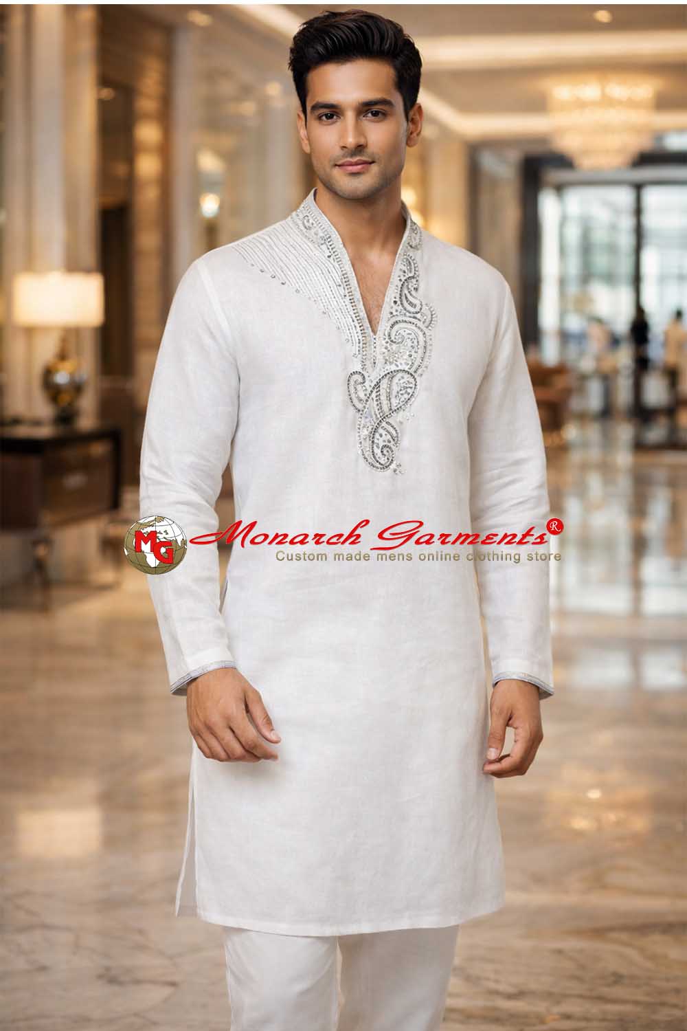 White linen kurta pajama for men with paisley silver embroidery V neck wedding wear India