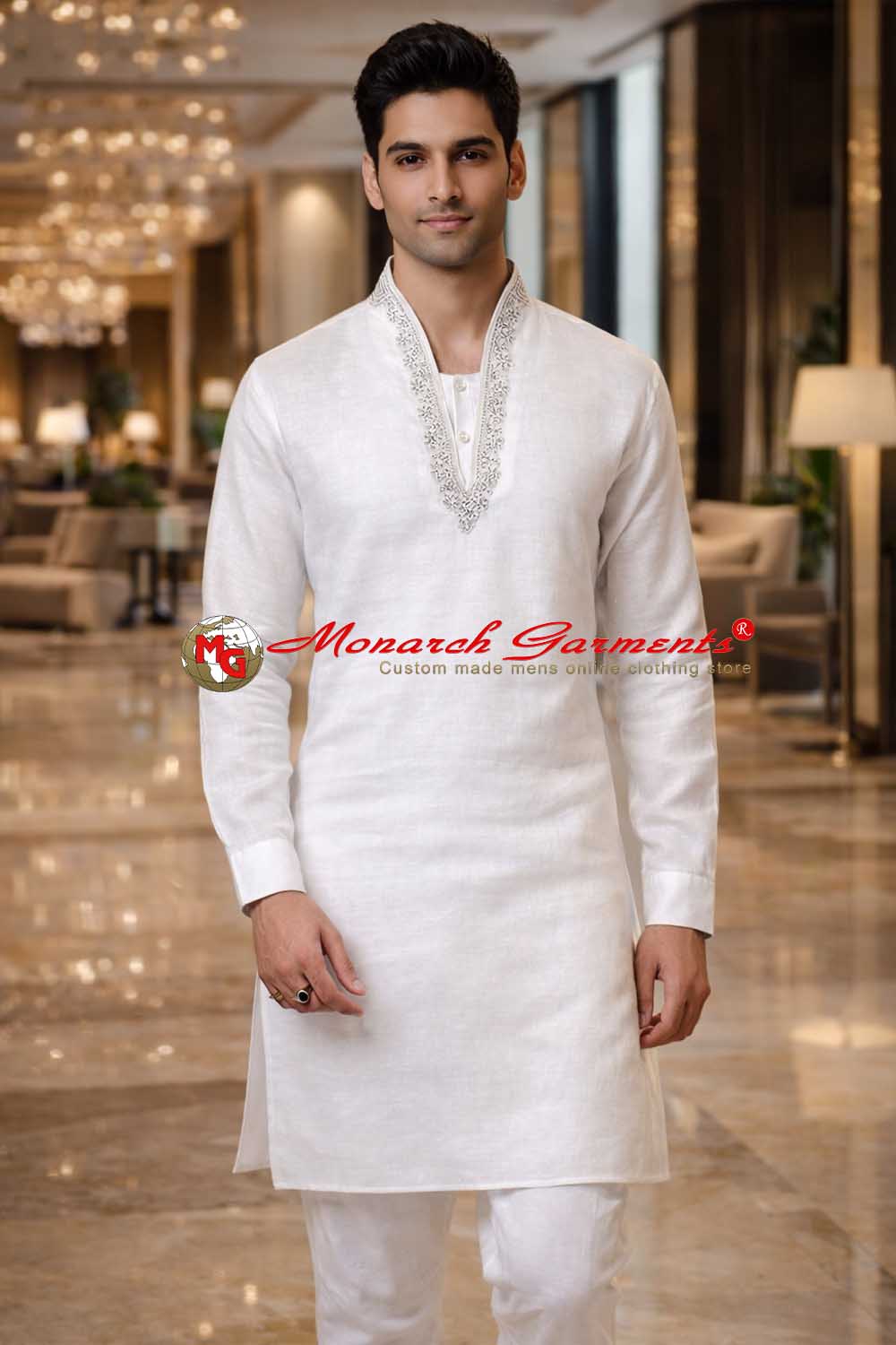 White linen kurta pajama for men silver embroidered cut work neckline India festive wear
