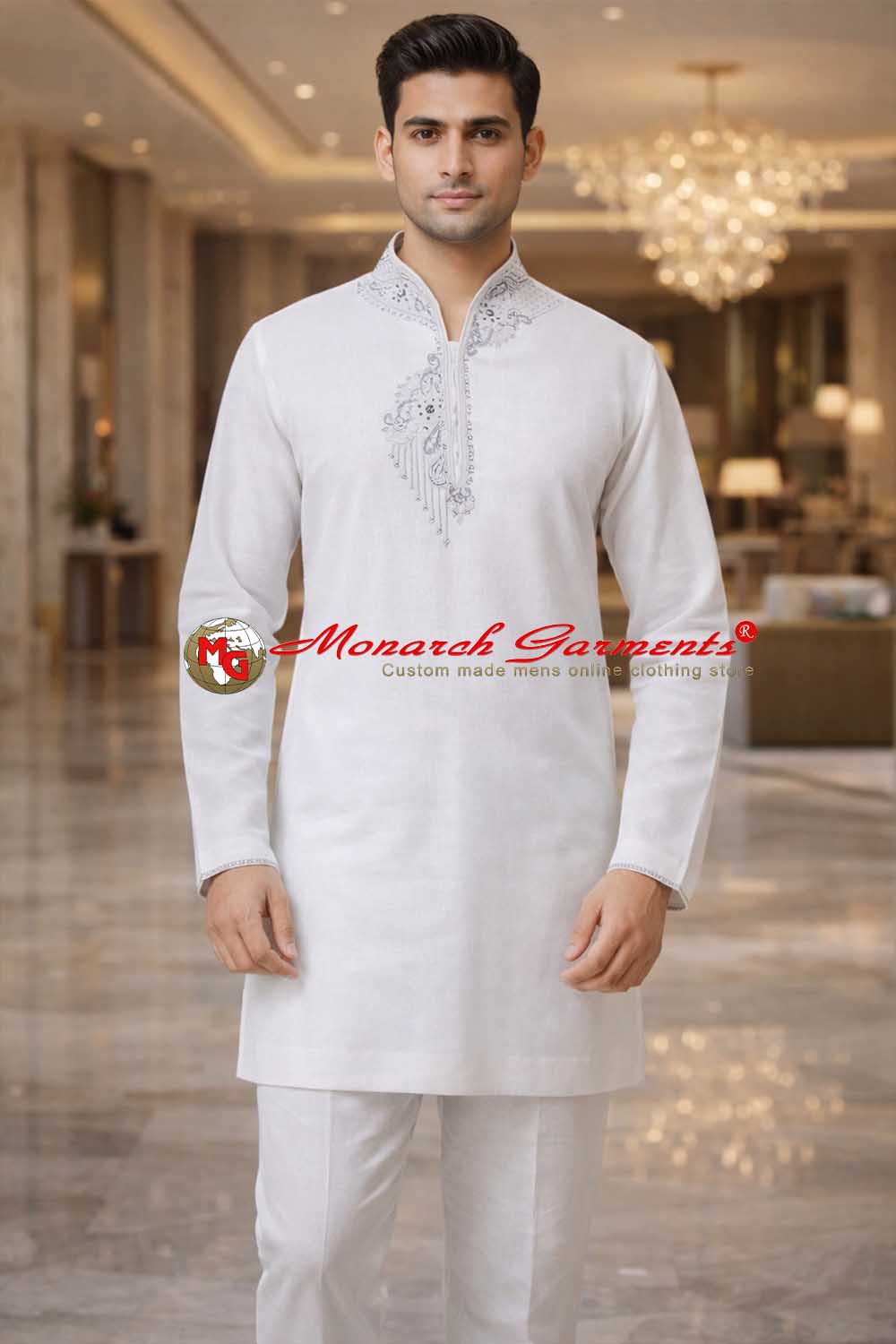 White linen kurta pajama for men with silver embroidery and mandarin collar festive wear India