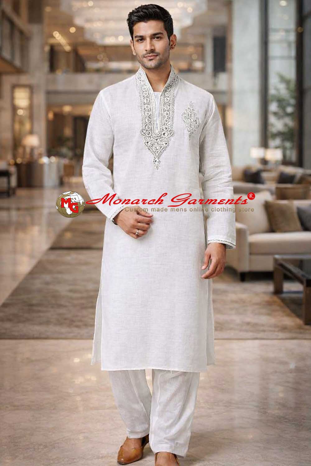 White linen kurta pajama for men with silver embroidery on neck and chest wedding wear India