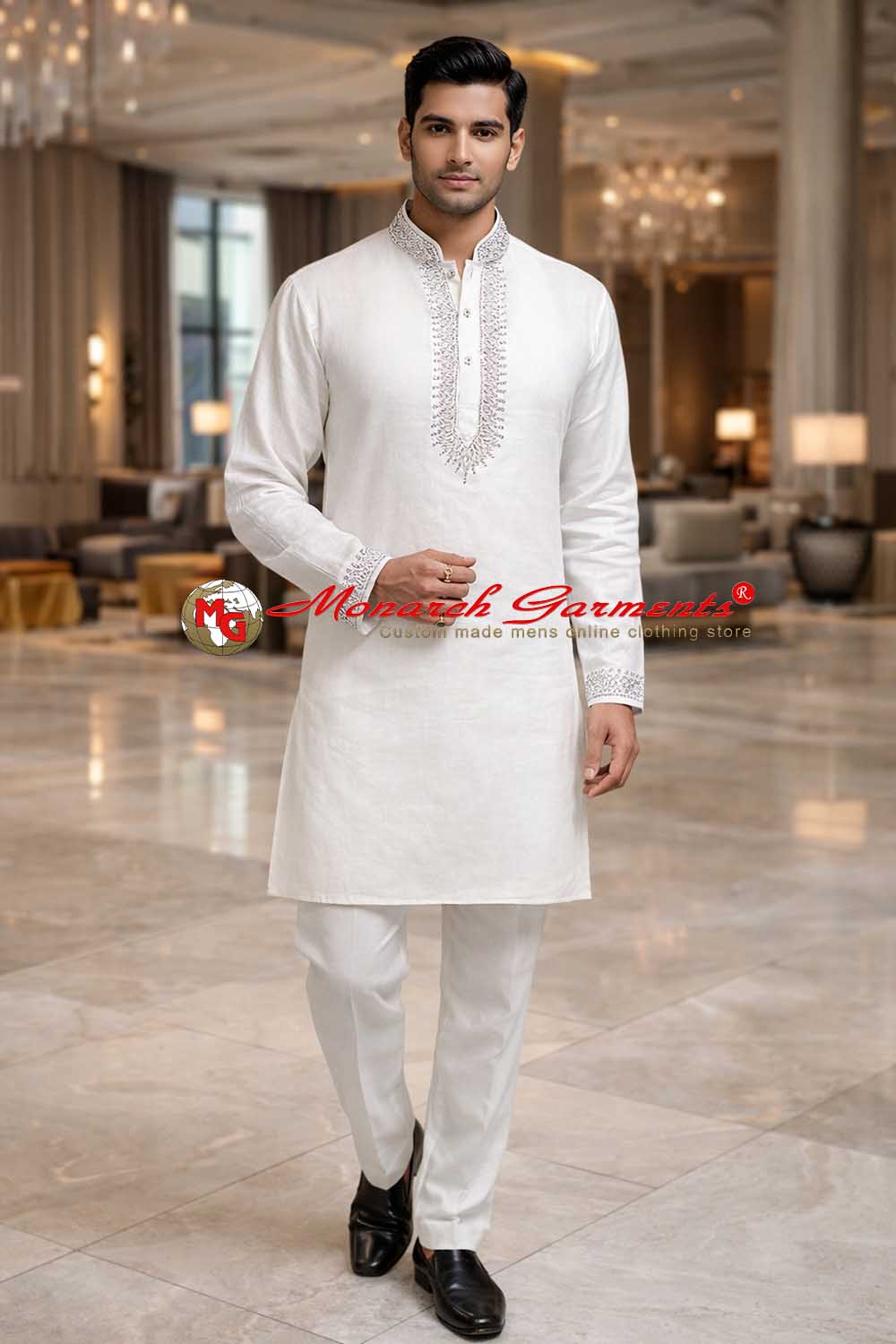 White linen kurta pajama for men with silver hand embroidery on neck collar festive wear India