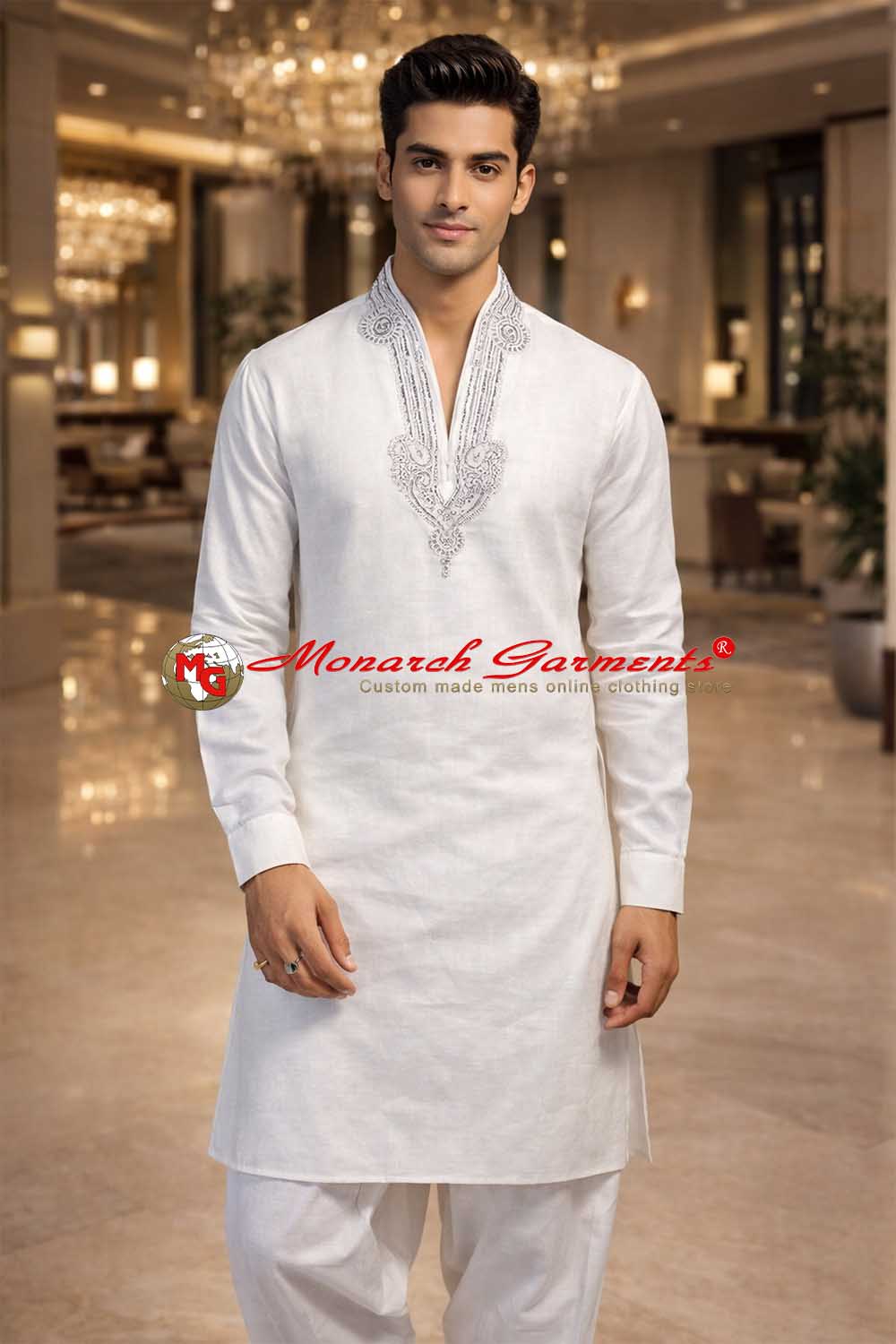 White linen kurta pajama with stand collar silver embroidery V neck wedding wear India