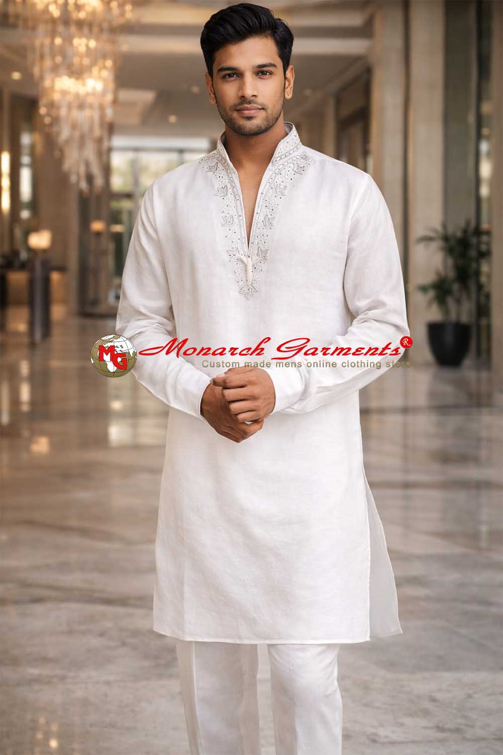 White linen kurta pajama with V neck silver hand embroidery for men wedding wear India
