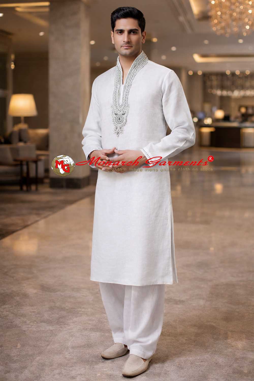 White linen hand embroidered kurta pajama for men relaxed fit ethnic wear India