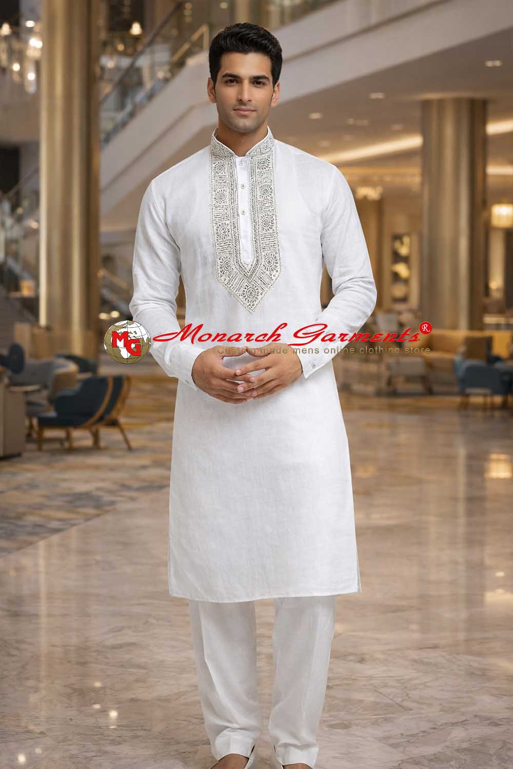 White linen kurta pajama for men with Nehru collar silver embroidery wedding wear India
