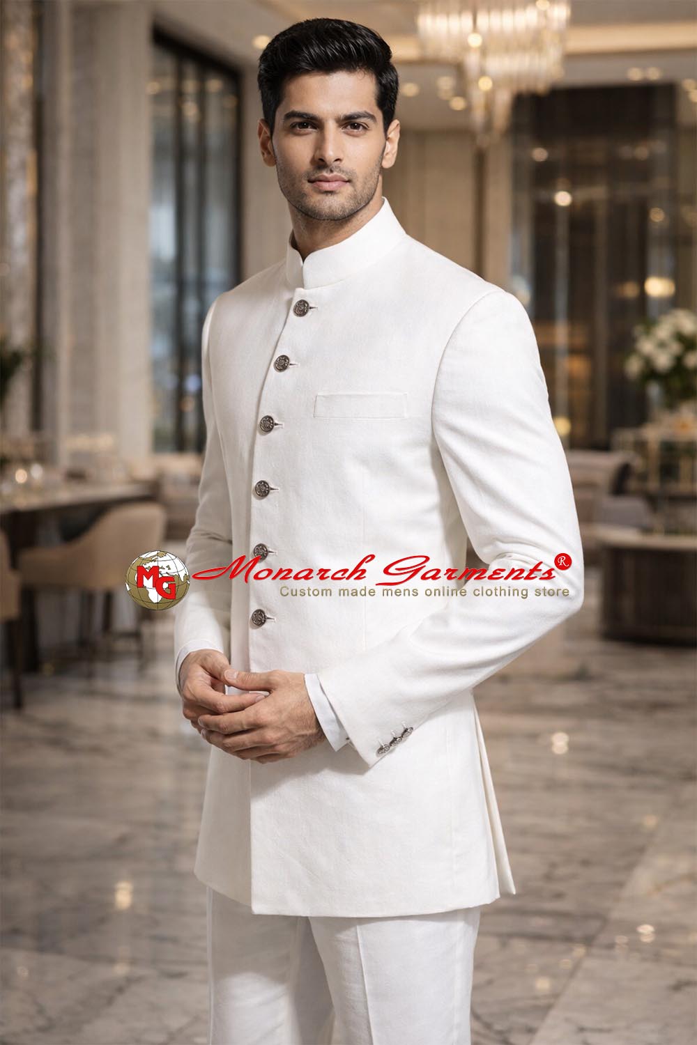 White linen Nehru collar suit for men slim fit formal wedding wear India
