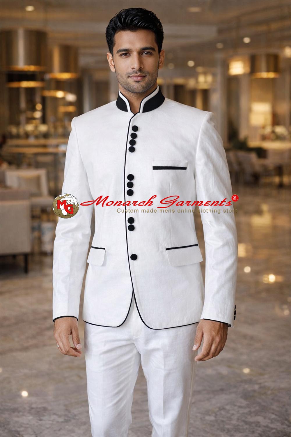 White linen Nehru collar suit for men with black piping slim fit wedding wear India