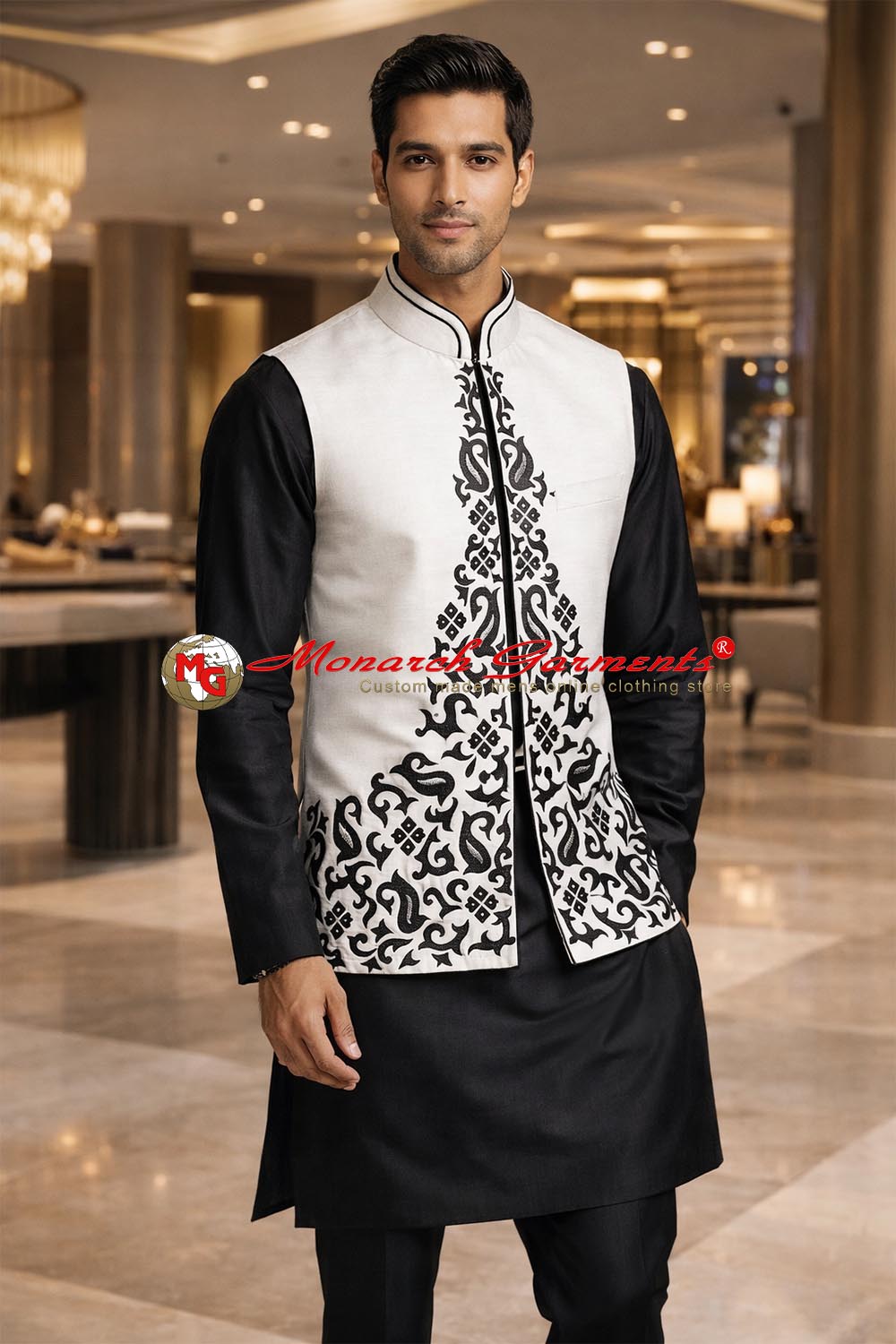 White linen Nehru vest for men with black embroidery tailored fit wedding wear India
