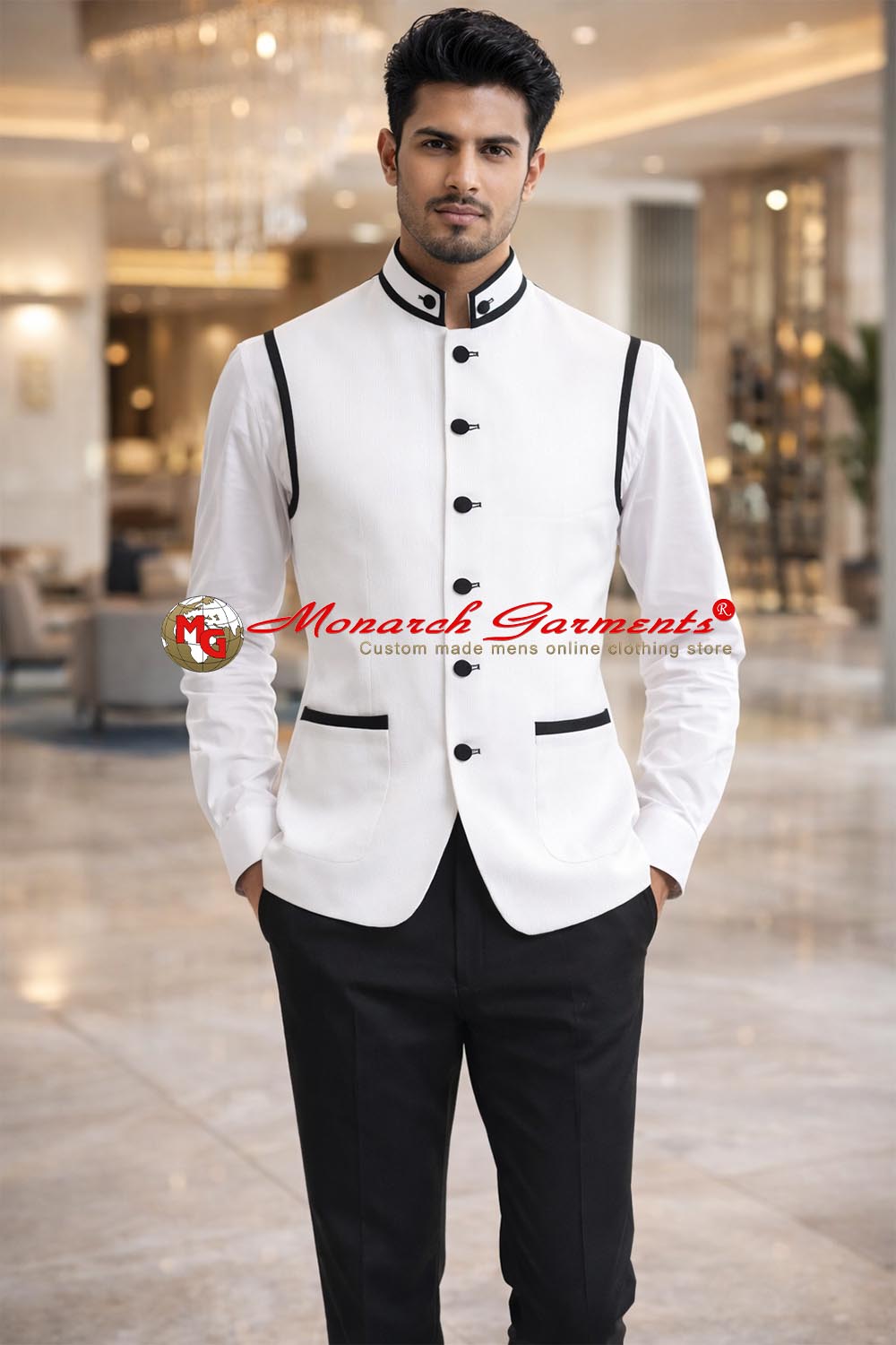 White linen Nehru vest for men with black contrast tailored fit wedding wear India