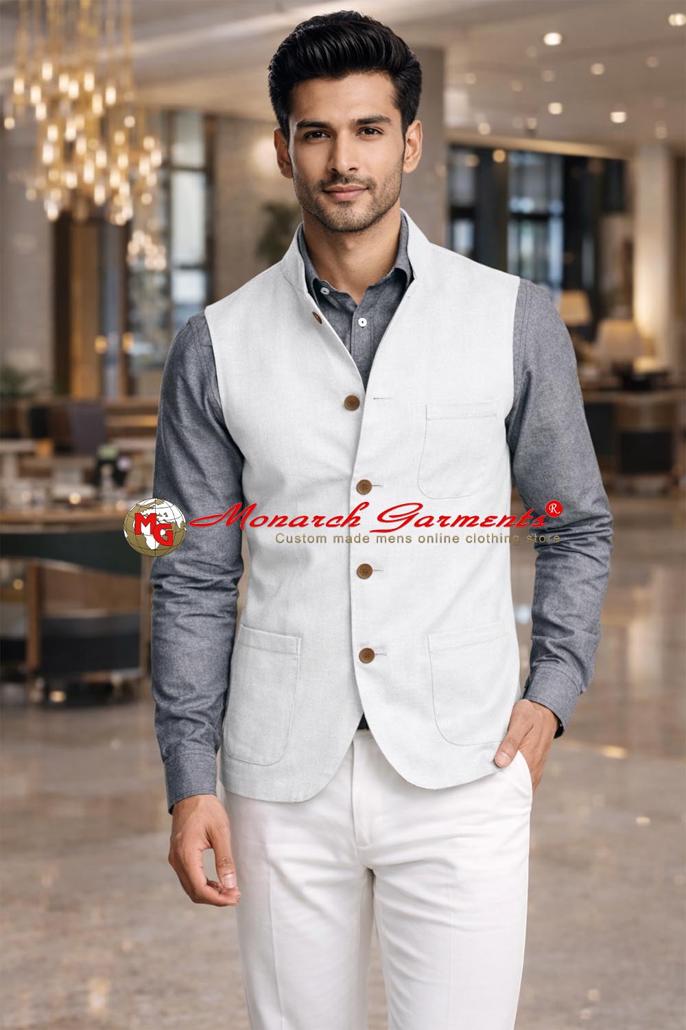 White linen Nehru vest for men tailored fit summer waistcoat for weddings and formal wear