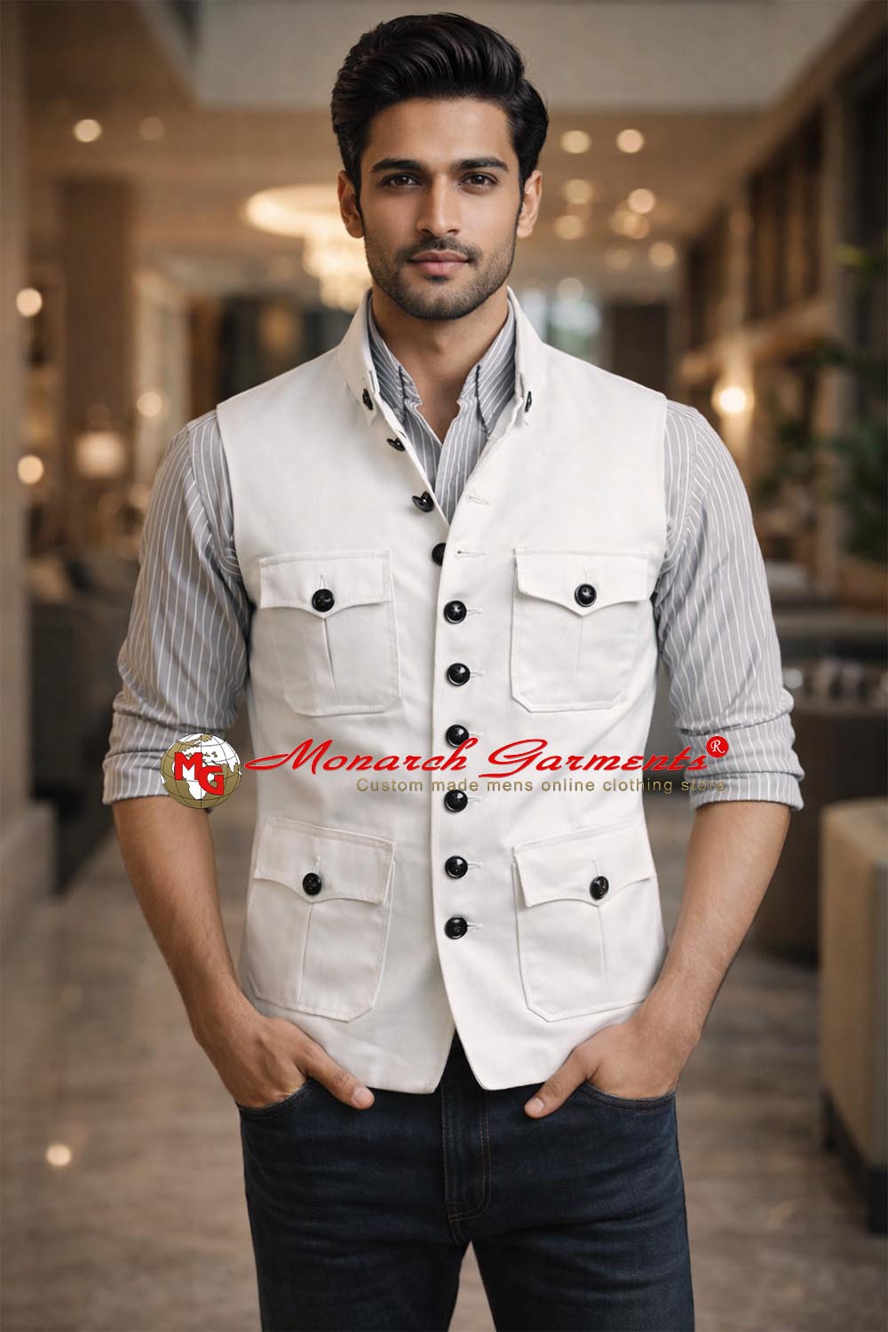 White linen Nehru vest for men safari style summer wedding wear India