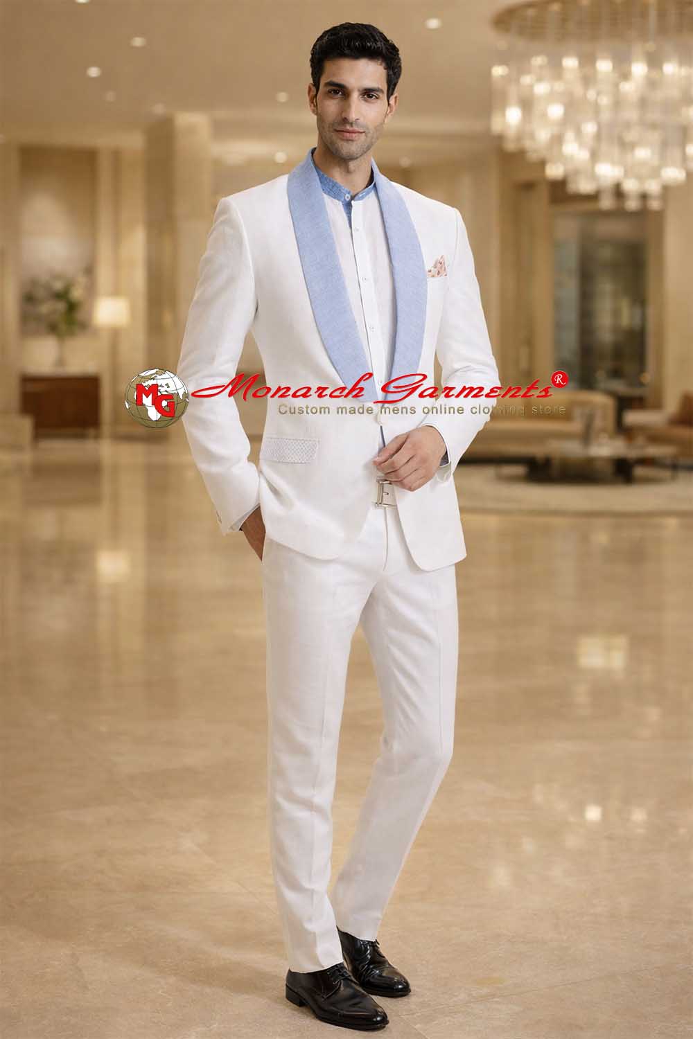 White linen tuxedo suit for men slim fit one button wedding formal outfit