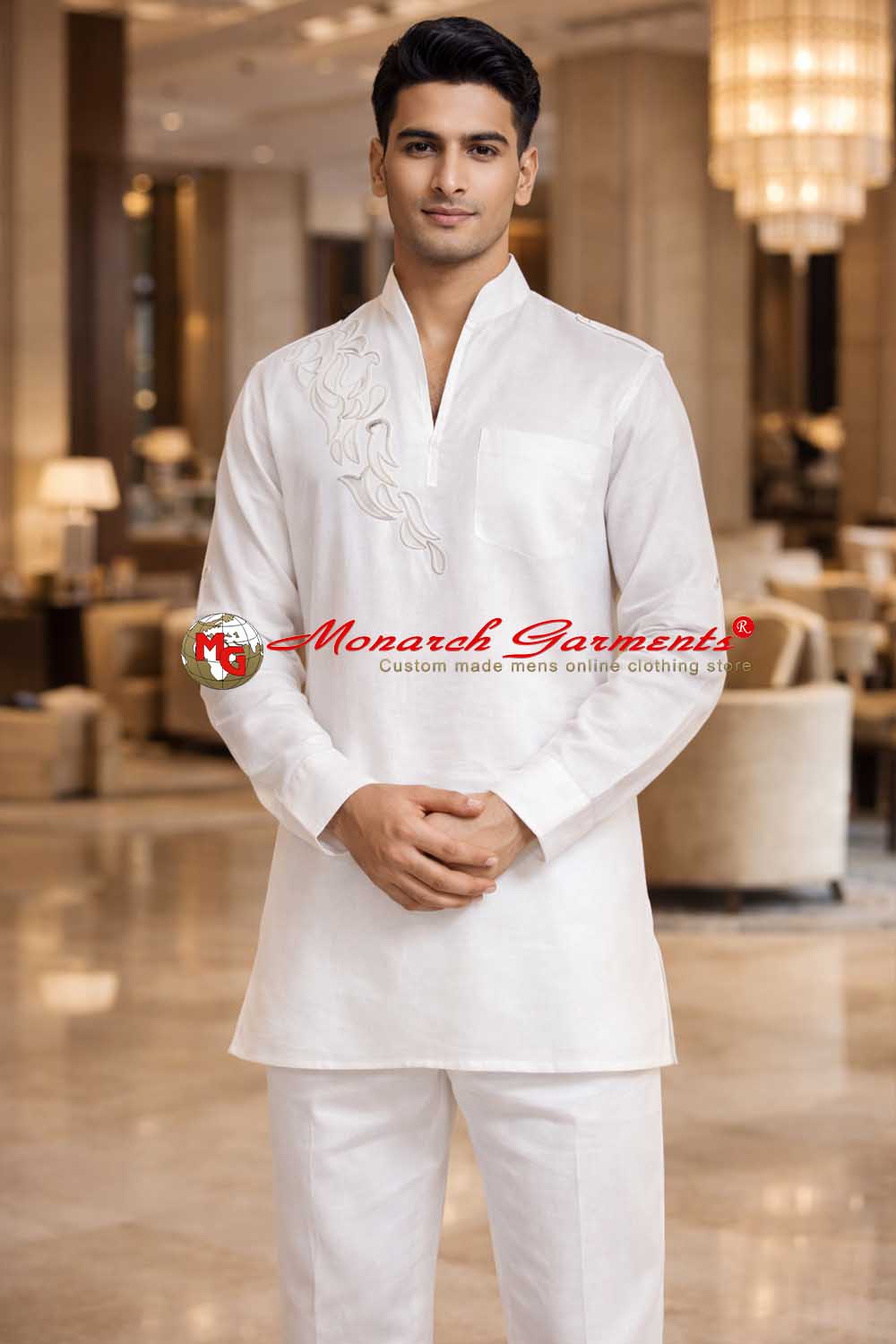 White linen short kurta pajama for men with patch work relaxed fit ethnic wear India