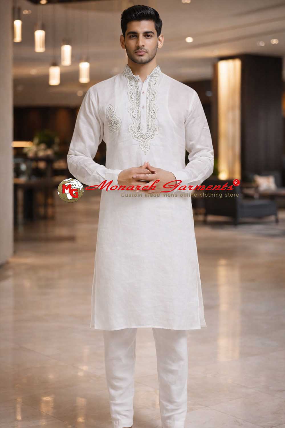 White linen kurta pajama for men with silver embroidery Nehru collar wedding wear India