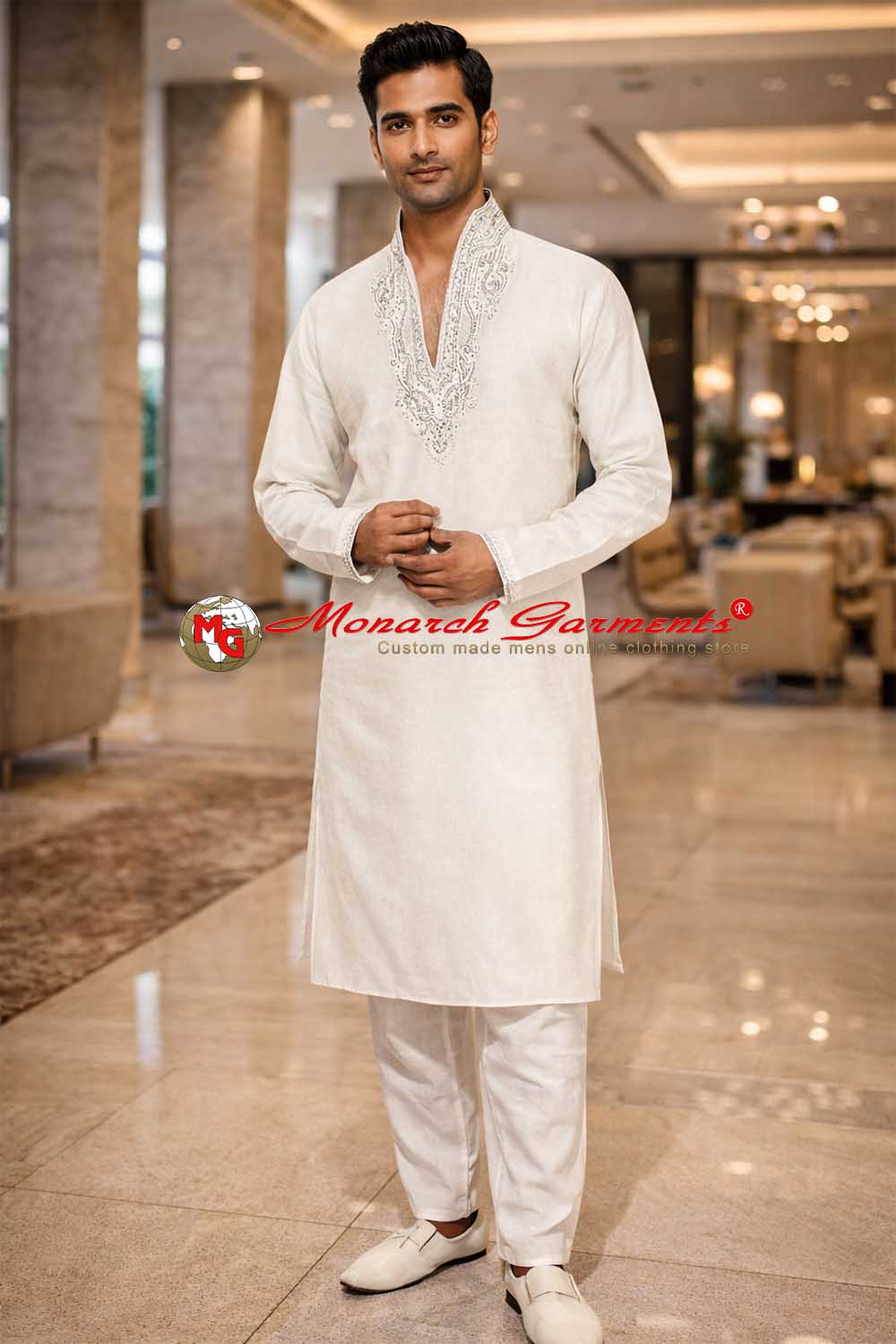 White linen kurta pajama for men with silver embroidery wedding ethnic wear India