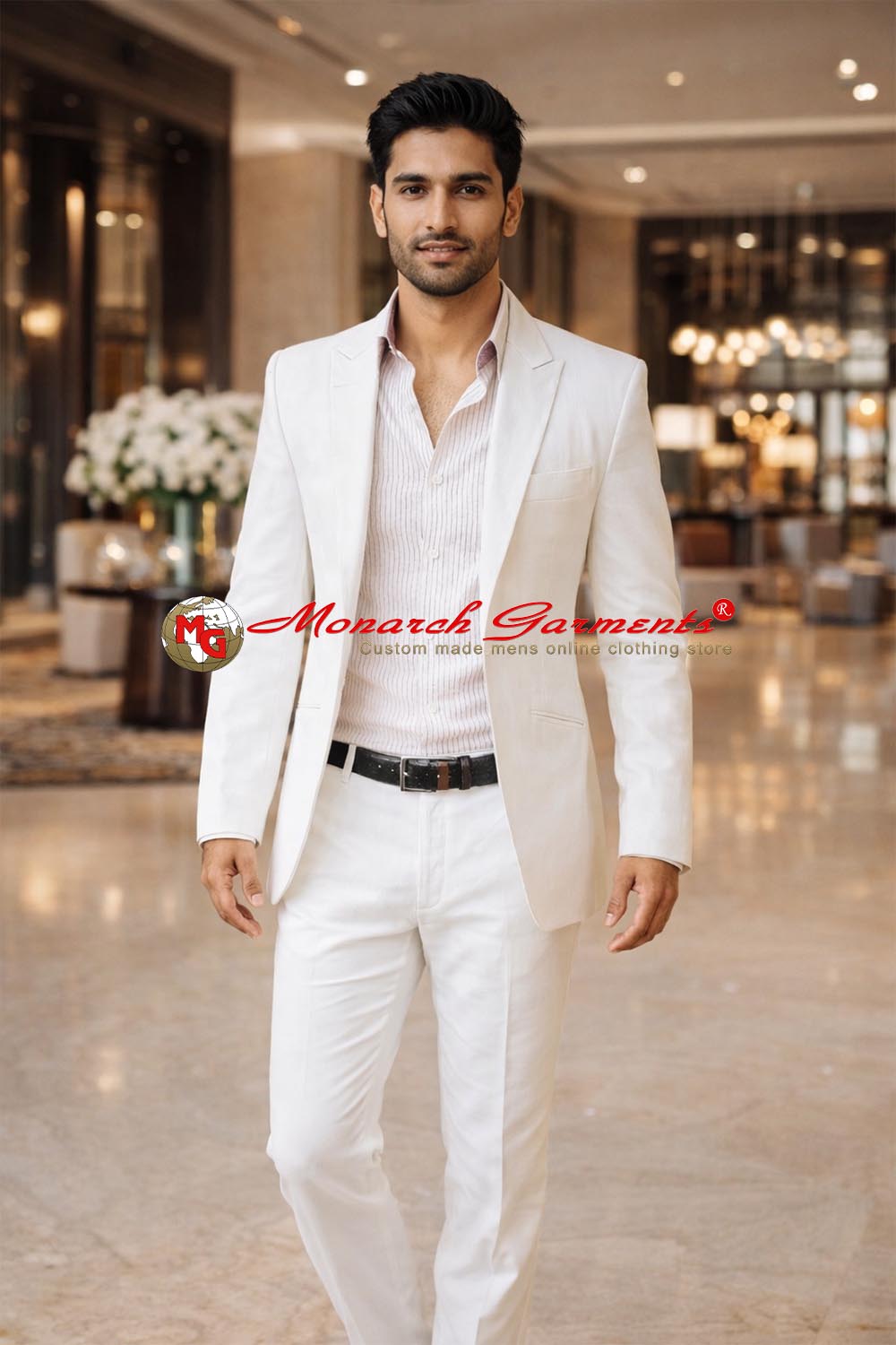White linen suit for men peak lapel slim fit summer wedding wear India