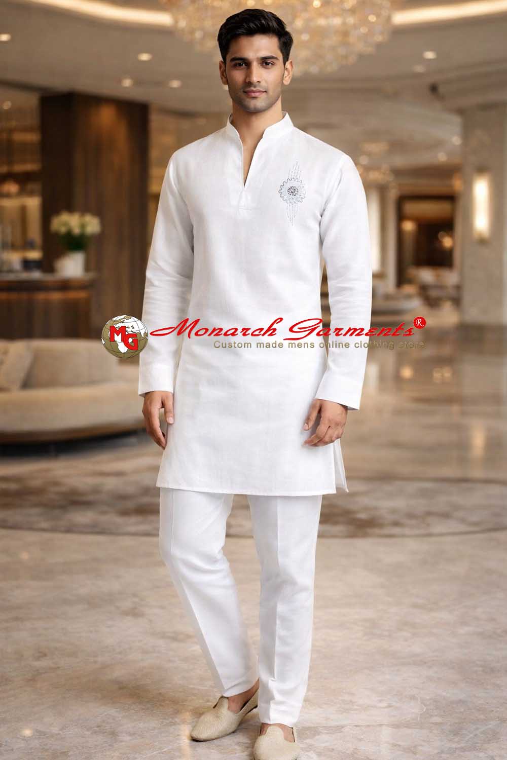 White linen kurta pajama for men V neck embroidered ethnic wedding wear India