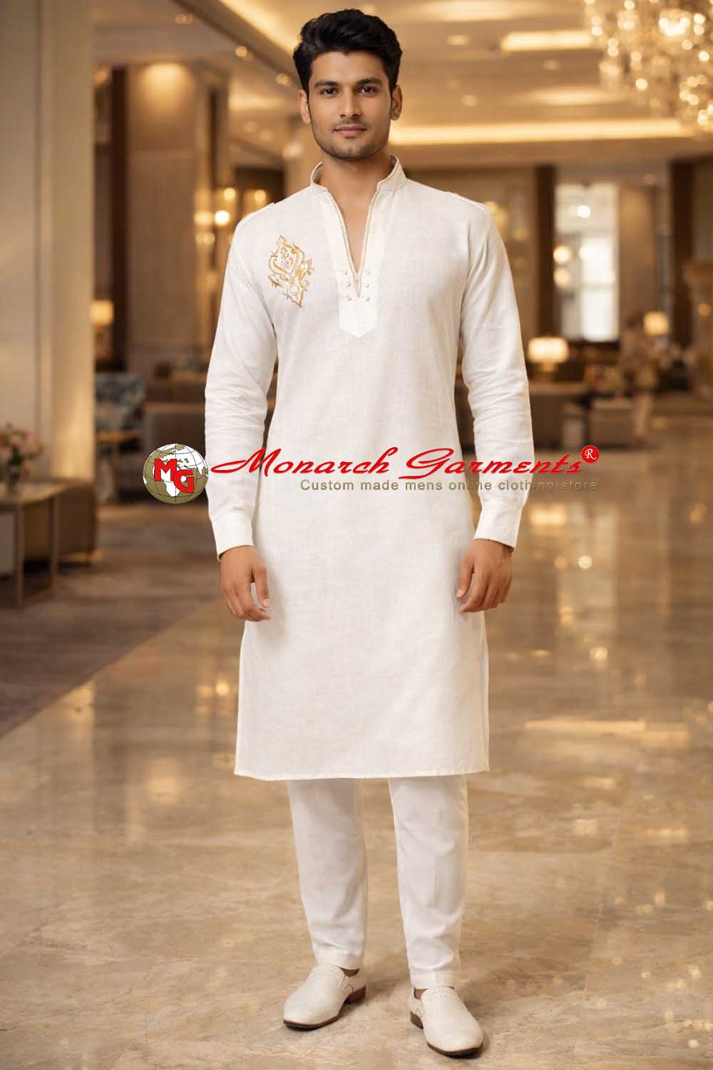 White linen kurta pajama for men V neck embroidery ethnic wedding wear