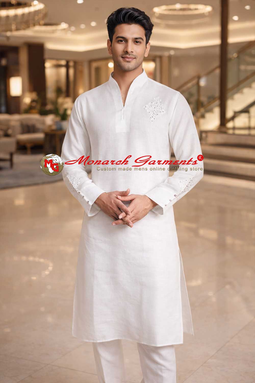 White linen kurta pajama for men with V neck silver embroidery wedding wear India