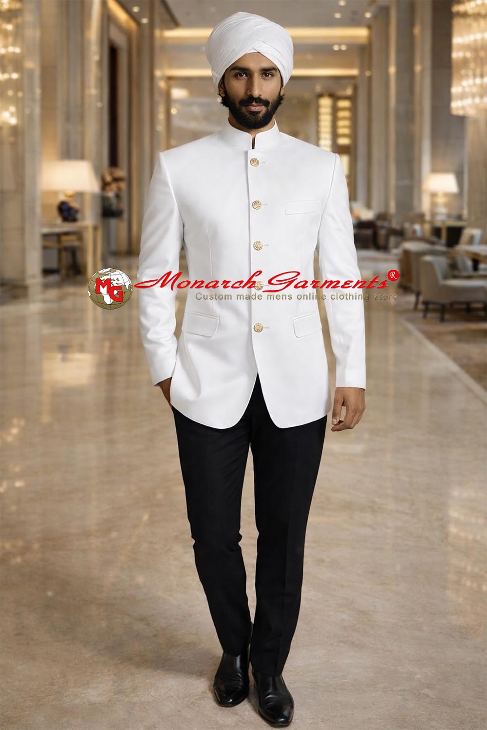 White Mandarin collar Bandhgala Jodhpuri suit with black trousers for wedding and partywear by Monarch Garments