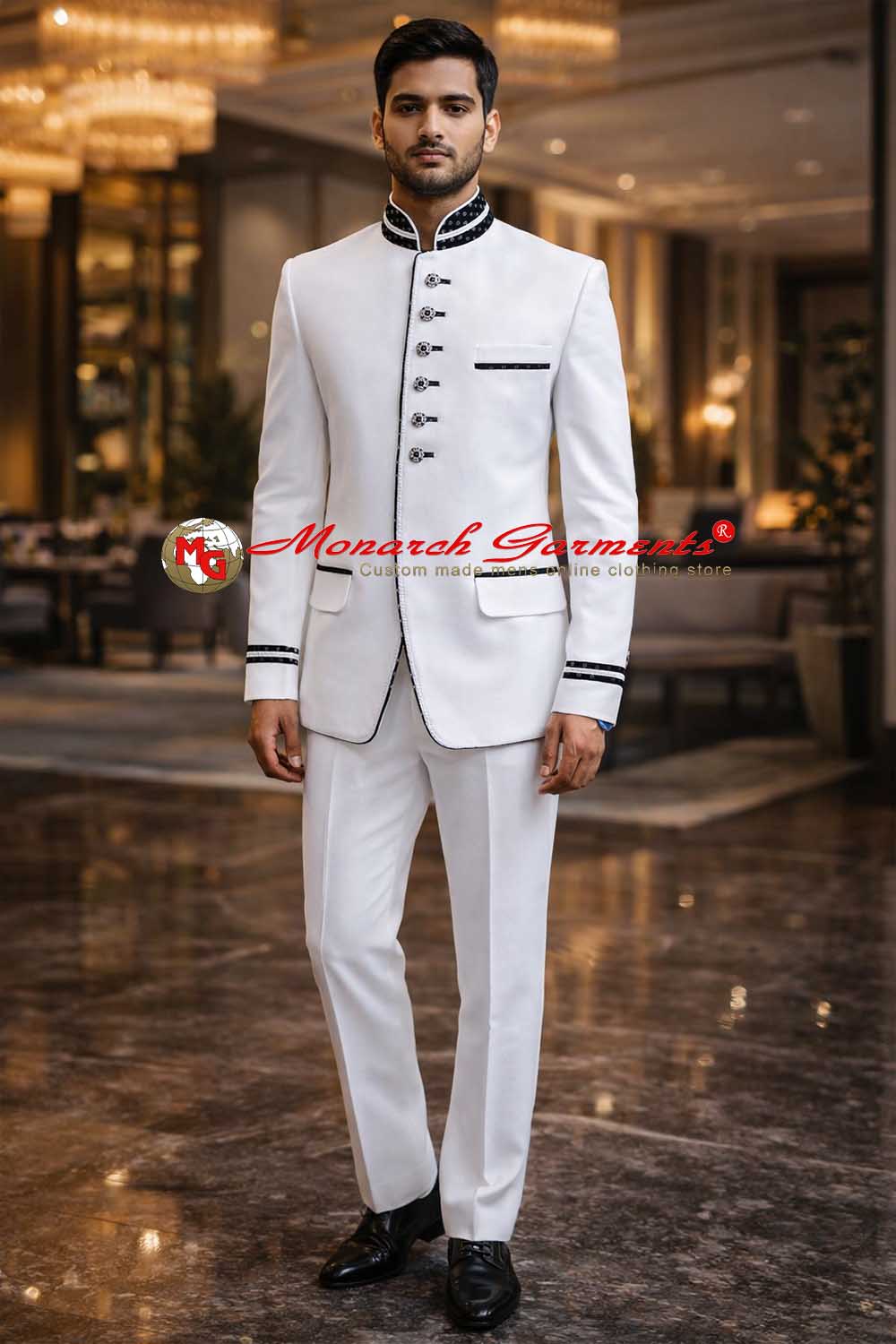 White Nehru collar suit with black piping slim fit designer wedding formal outfit for men