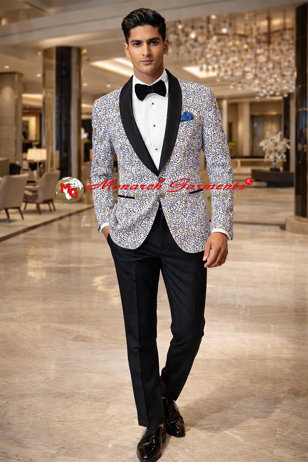 Men’s white paisley printed cotton slim fit blazer with black satin shawl lapel luxury wedding reception jacket