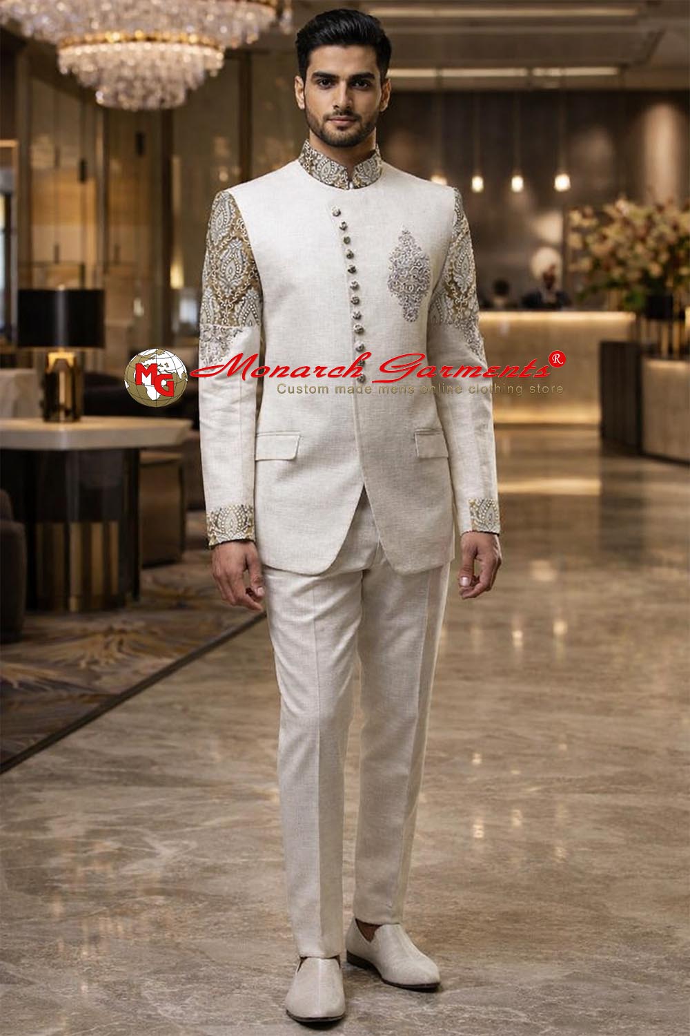 White reception jodhpuri suit with brocade embroidery and trousers for men