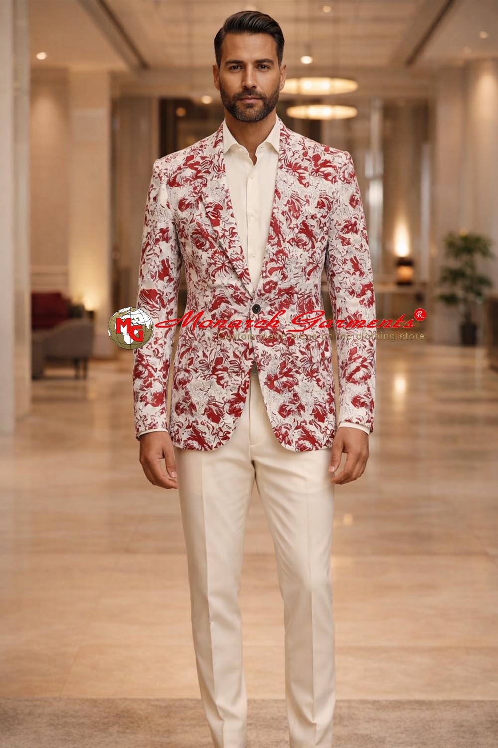 Men wearing white blazer with red floral pattern styled with formal trousers for party and wedding occasions