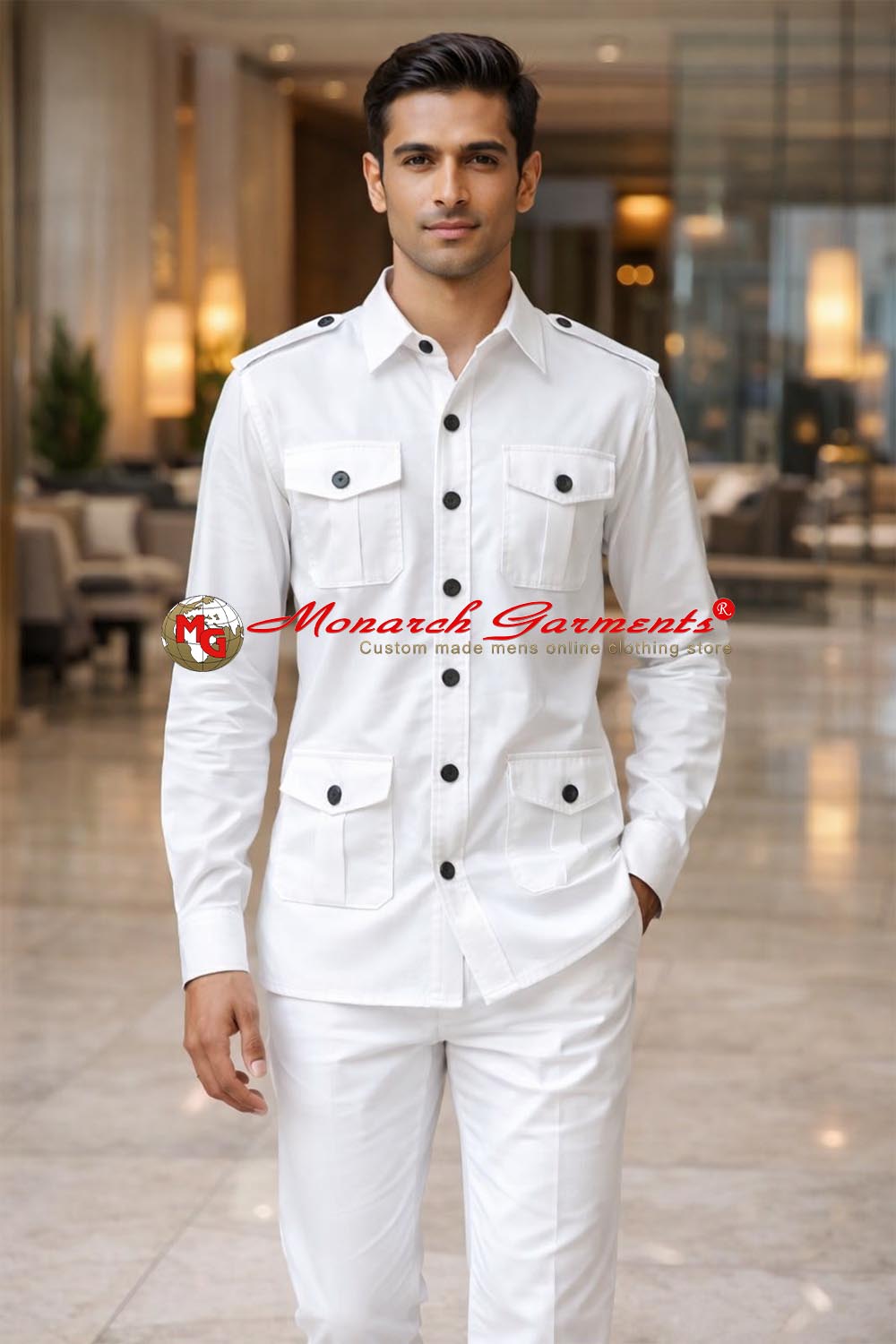 White safari shirt for men slim fit cotton utility style