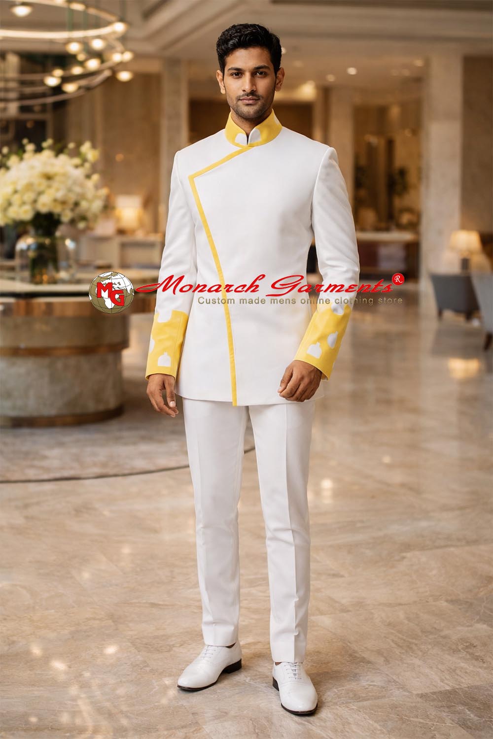 White silk Jodhpuri suit for men with yellow patchwork vintage design slim fit