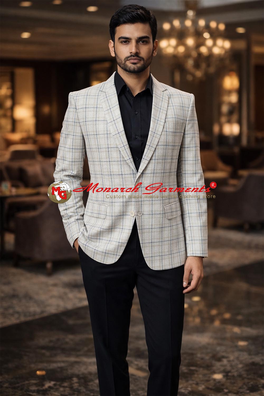 Men's white tweed look two button blazer by Monarch Garments