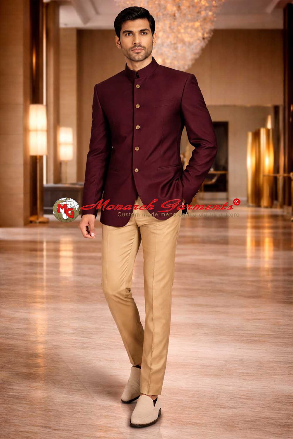 Wine Color Jodhpuri Suit with Golden Pants