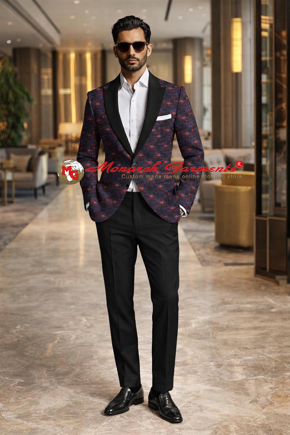 Men wearing wine designer dinner jacket blazer with black lapel for wedding and cocktail party India