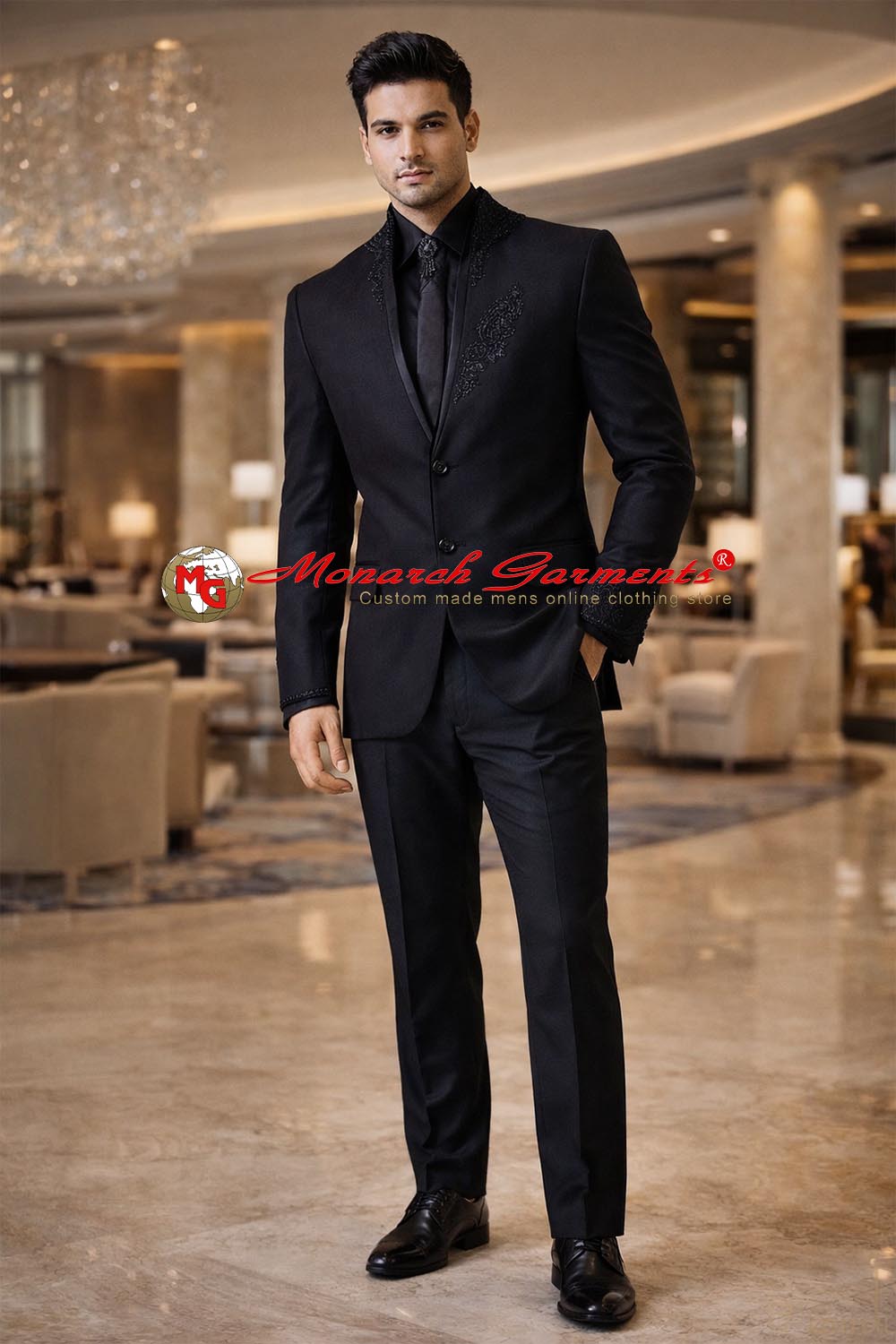 Wine designer embroidered Jodhpuri bandhgala suit for men with tie and brooch, luxury wedding reception outfit by Monarch Garments