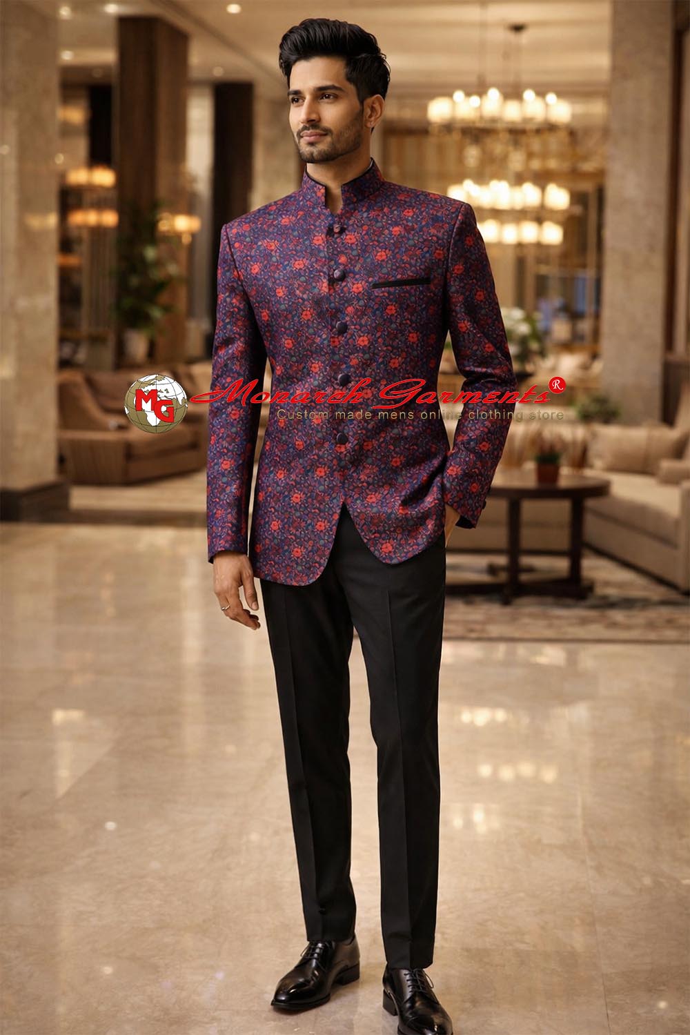 Wine floral jacquard Jodhpuri suit for men with black trouser