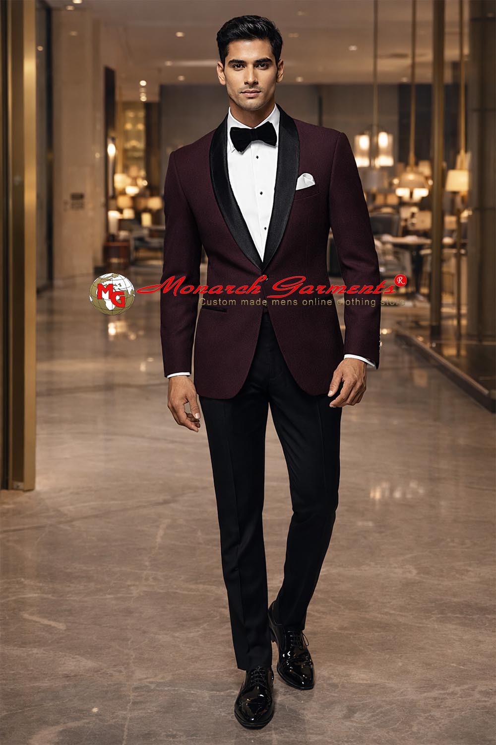 Wine shawl lapel slim fit partywear blazer for men with black satin lapel for wedding reception by Monarch Garments