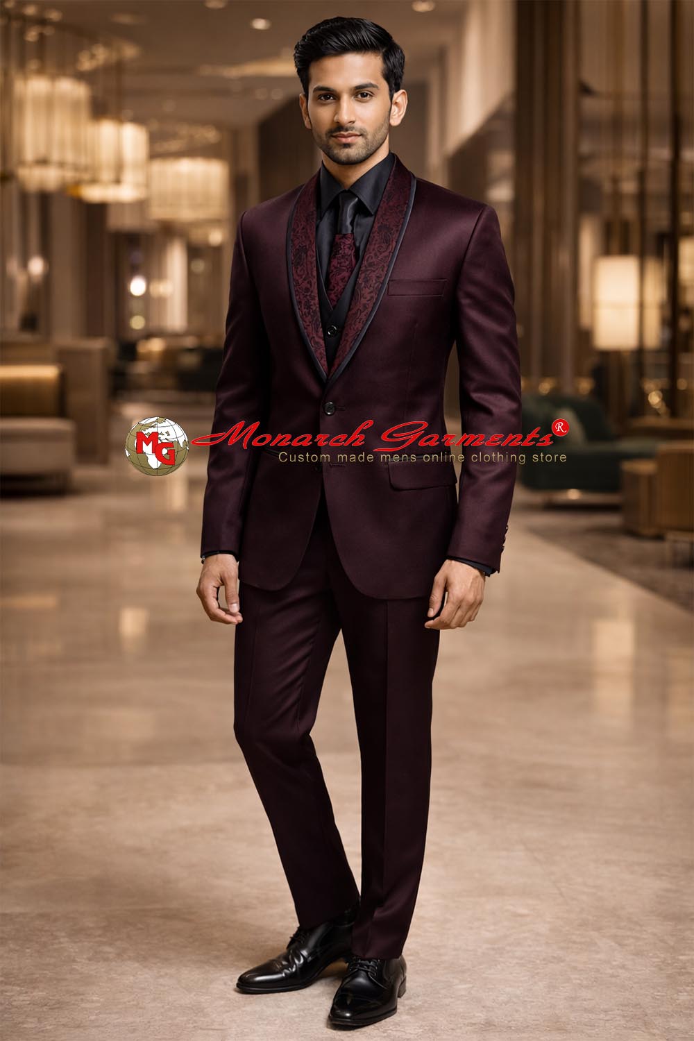 Wine color tuxedo suit for men slim fit formal wear with shawl lapel and matching trousers