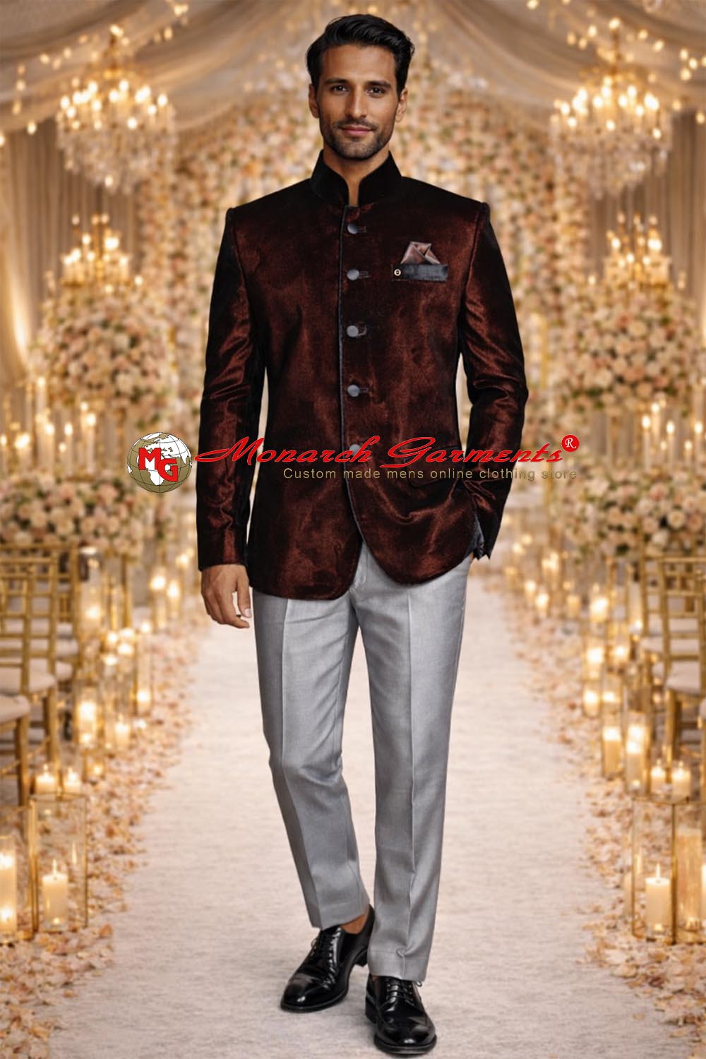 Wine velvet bandhgala jacket for men by Monarch Garments – luxury Indian wedding reception outfit