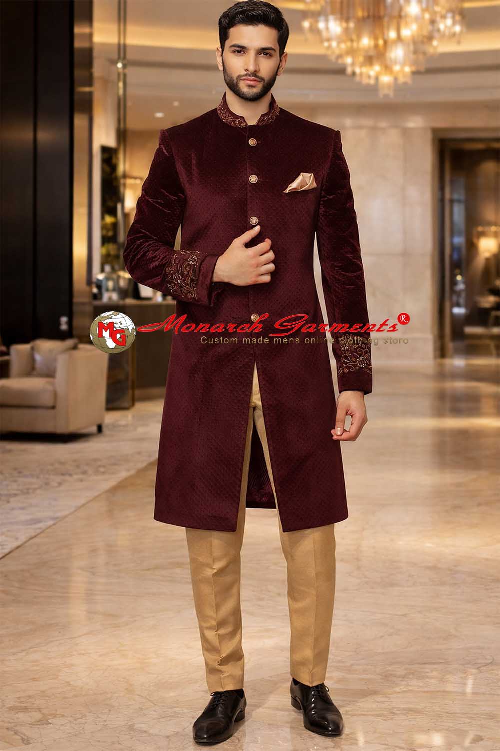Wine velvet indo western sherwani for men with embroidered collar and gold pant wedding outfit India