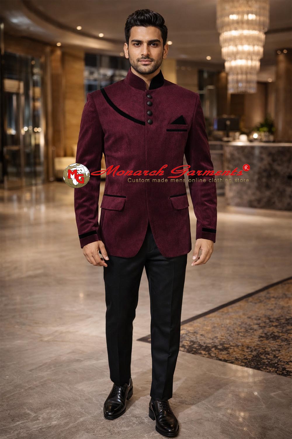 Wine velvet Jodhpuri suit for men with black velvet patch work bandhgala by Monarch Garments India