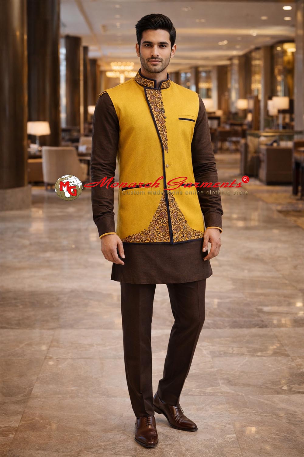 Yellow Angrakha style Nehru vest for men with embroidery tailored fit wedding wear India