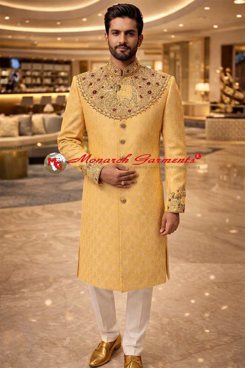 Yellow brocade silk sherwani for men embroidered wedding wear India