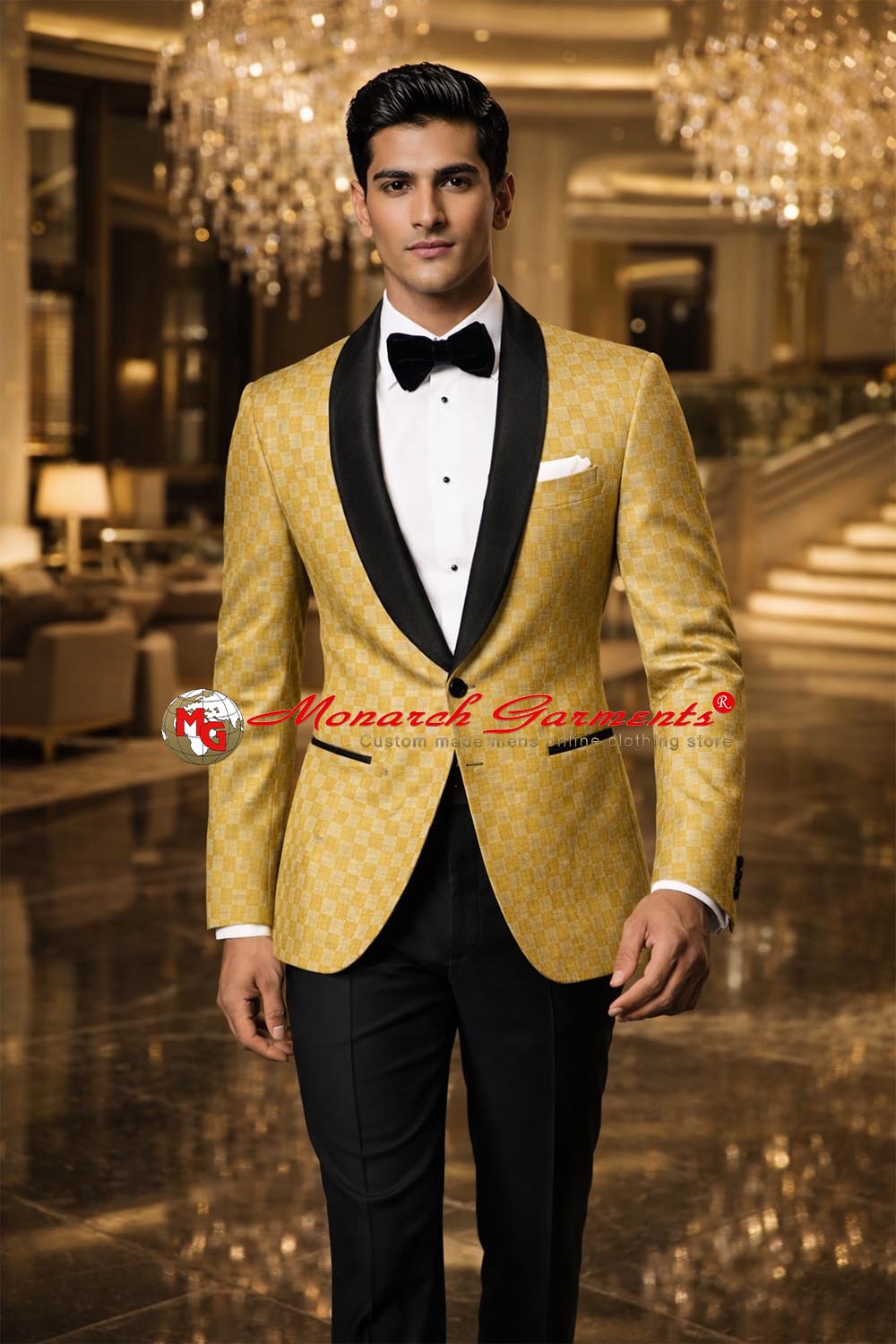 Men’s yellow check cotton slim fit blazer with black satin shawl lapel designer wedding reception jacket
