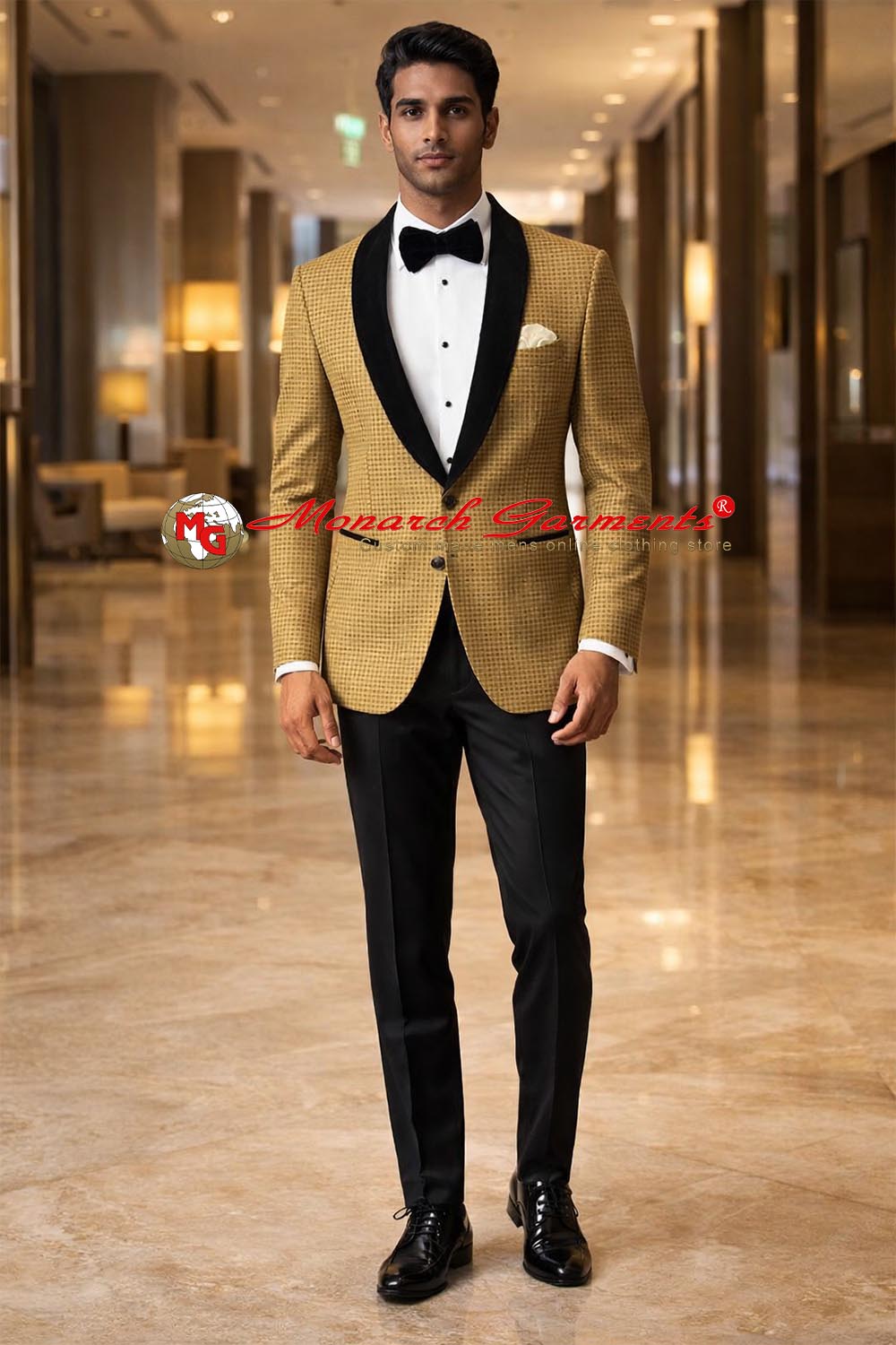 Men’s yellow check slim fit formal blazer with satin shawl lapel by Monarch Garments